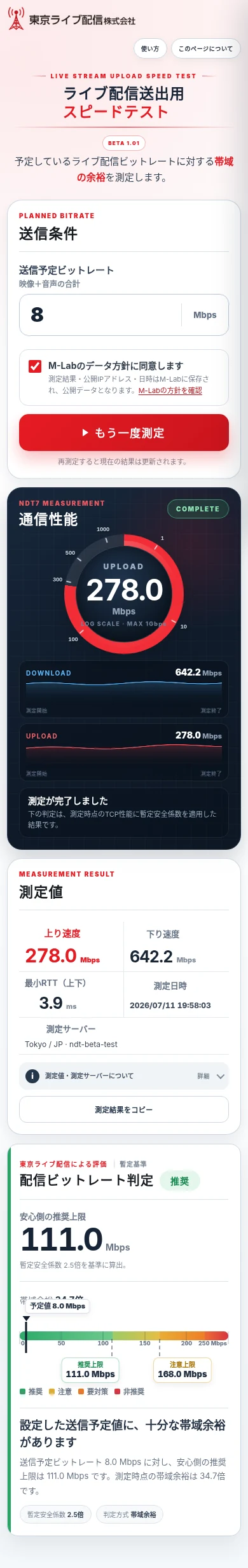 スマートフォンで表示したライブ配信送出用 スピードテスト